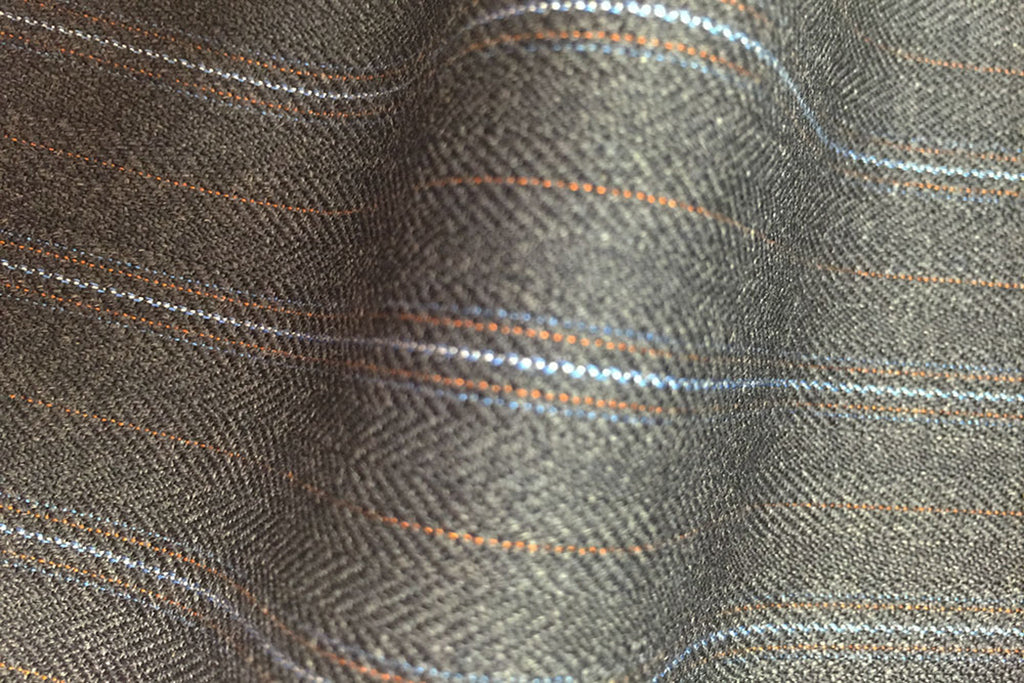 HC906 - MID GREY FANCY TWILL with GOLD WHITE BLUE PIN STRIPES (380-400 grams / 13-14 Oz)